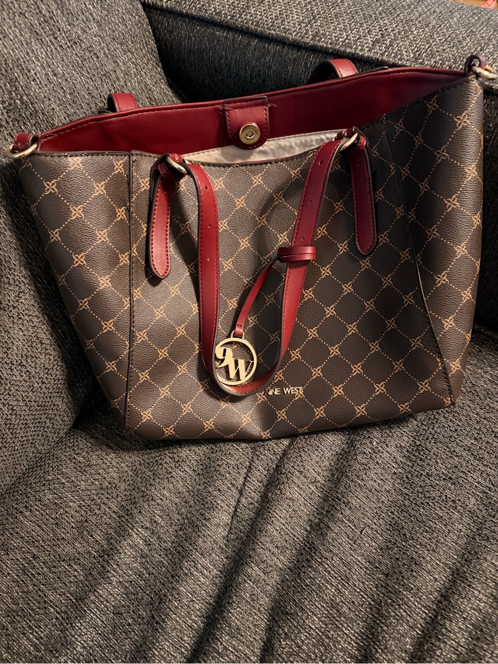 Nine West Brown Tote with Burgundy Trim and Gold Logo